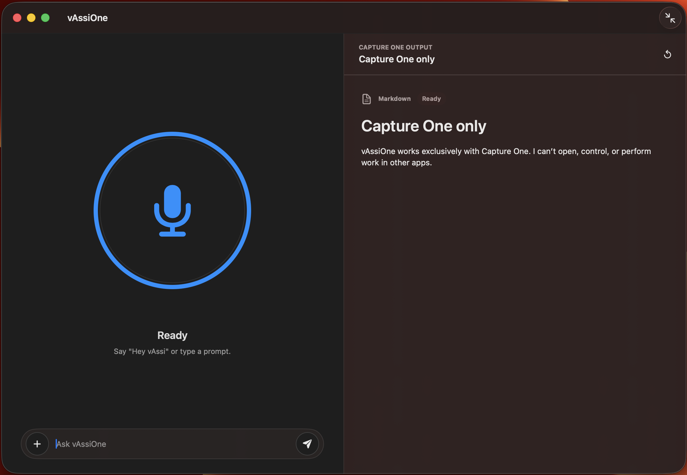 vAssiOne controlling Capture One with a typed or voice prompt